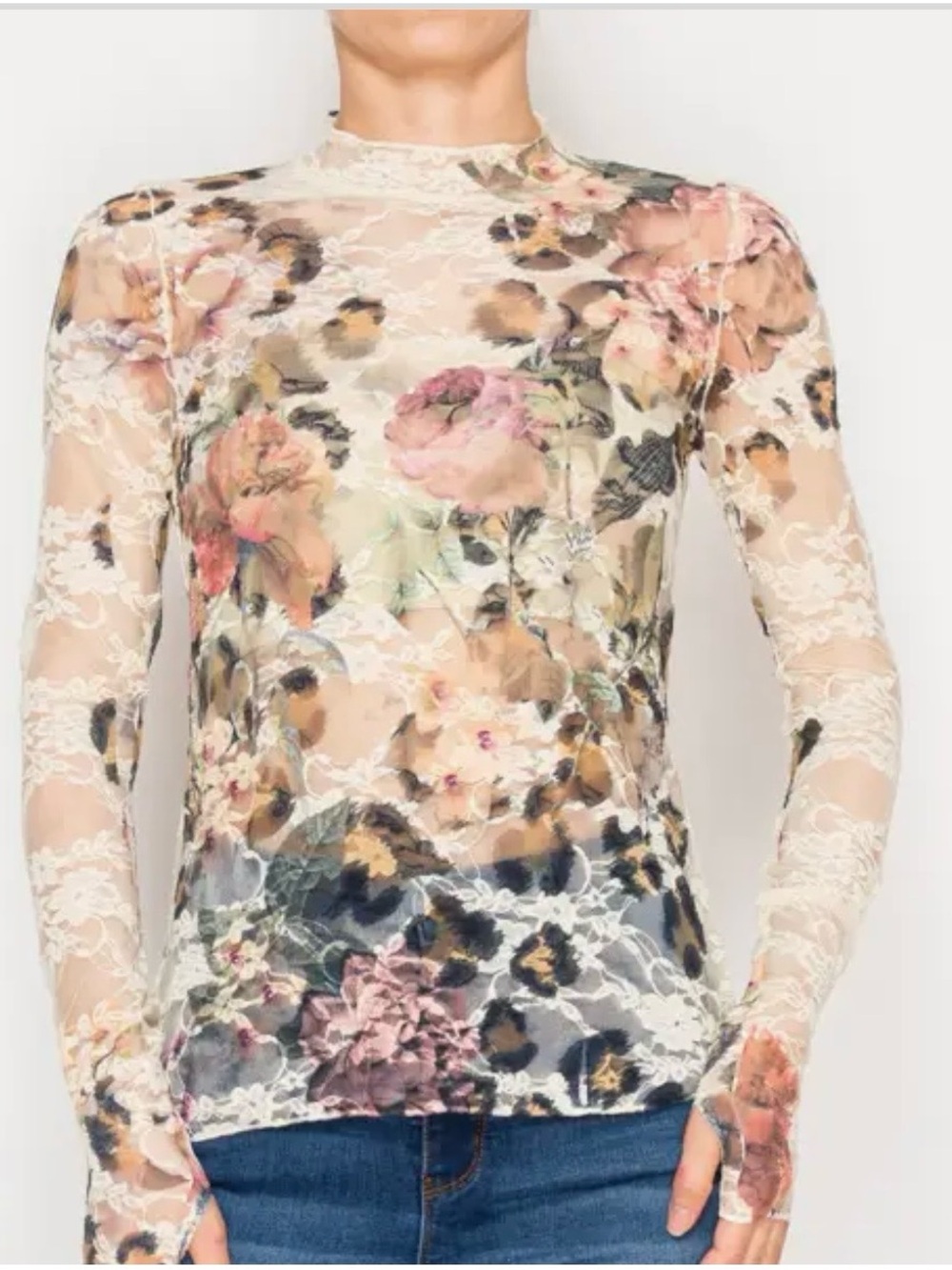 Floral Lace Long-Sleeve Sheer Top - Cream with Antique Florals Sz S-M-L